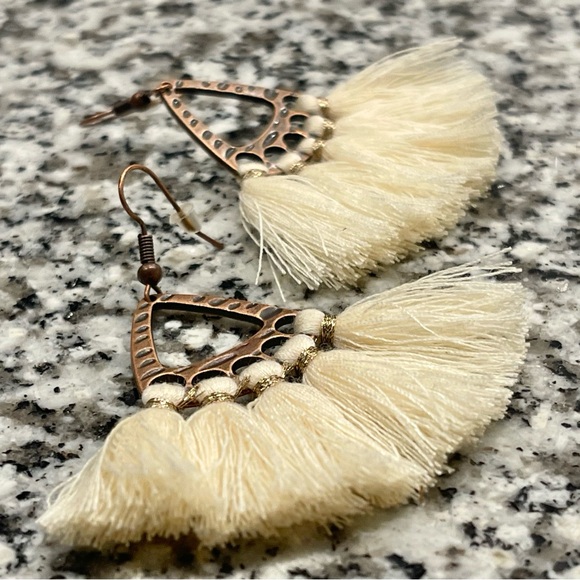 Bohemian Bronze Fan Shaped Cream Tassel Drop Earrings - Picture 4 of 5
